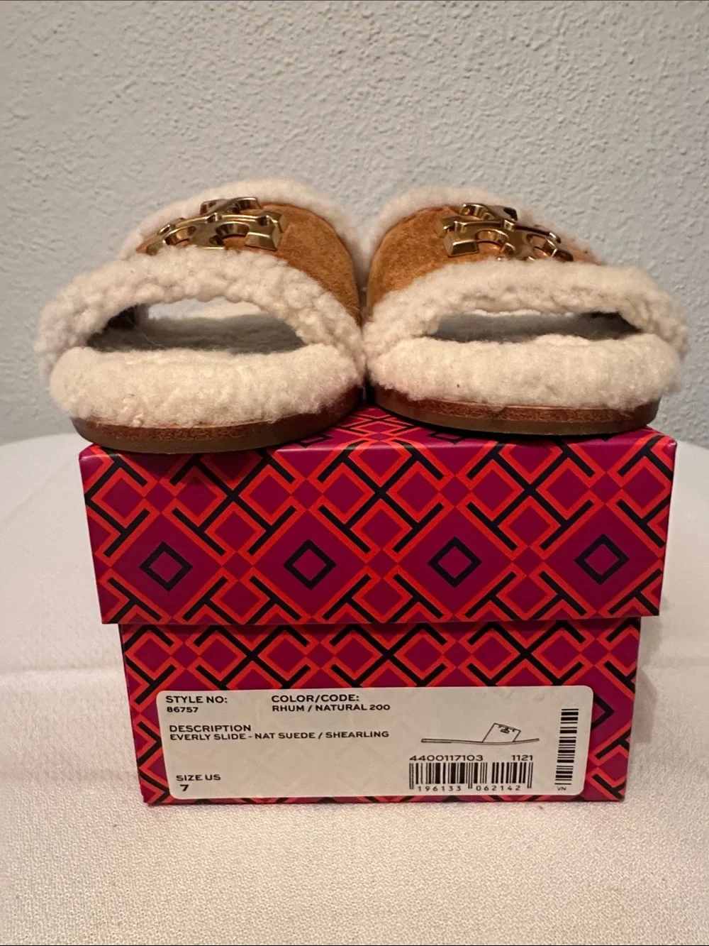 Tory Burch Everly Slide-Natural Chestnut Suede/Shearling Slide with Gold Logo